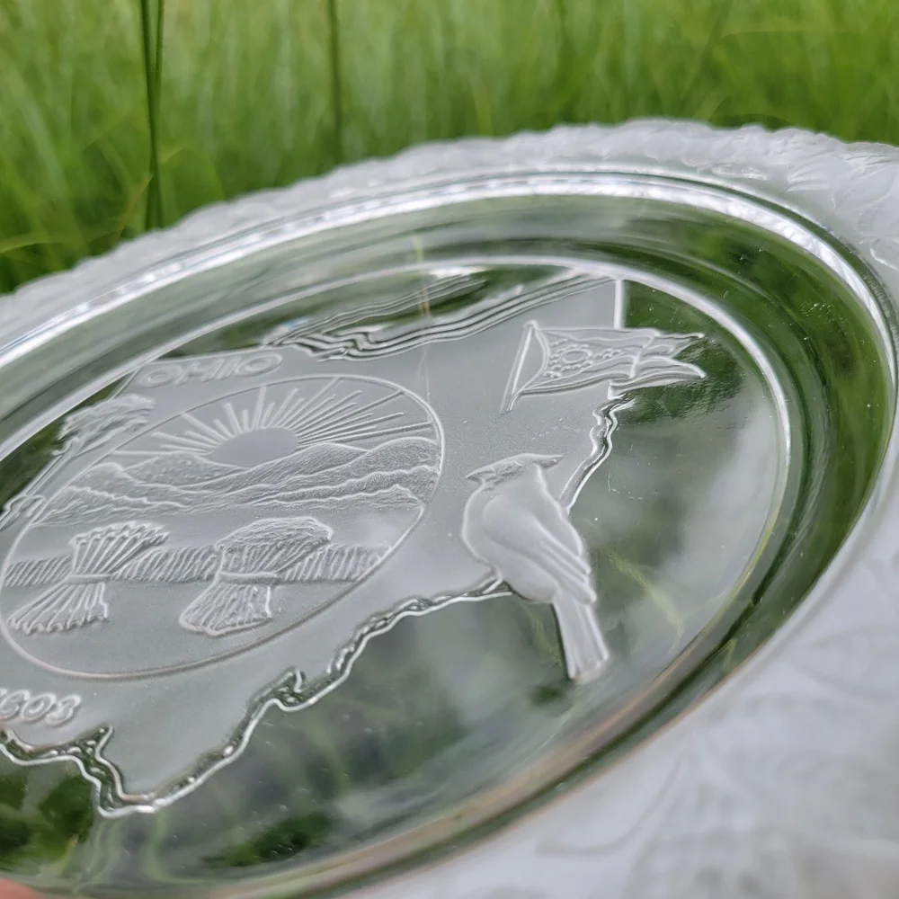 Ohio Souvenir Glass Plate ~ Frosted Floral Rim ~ Ohio Seal, Bird, Flag ~ FINAL!